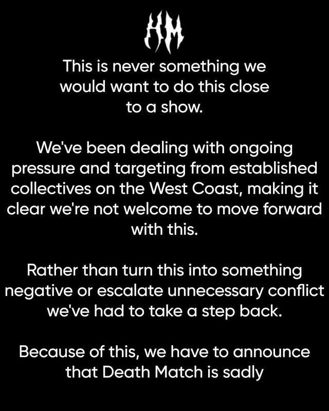 This close to a show, this is never what we want. Death Match is postponed. We love you, Miami. 🖤